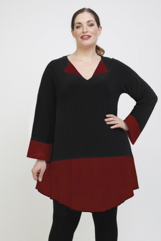 B22-120 Μπλούζα Μακριά με διχρωμία στα μανίκια στο γιακά και στο κάτω μέρος Super Jersey - Μπορντώ