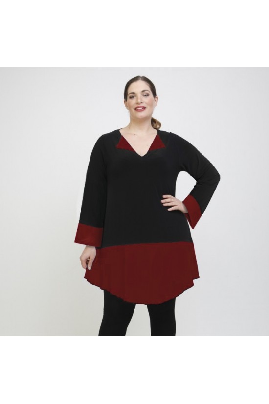 B22-120 Μπλούζα Μακριά με διχρωμία στα μανίκια στο γιακά και στο κάτω μέρος Super Jersey - Μπορντώ