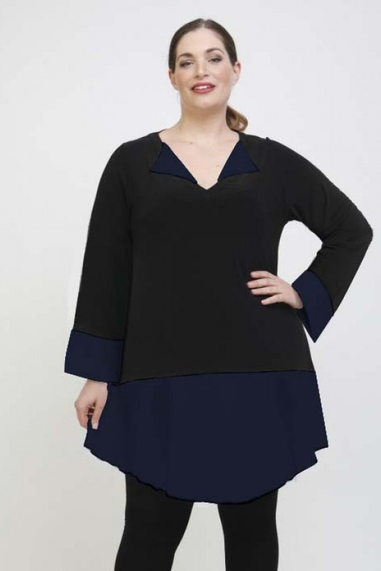 B22-120 Μπλούζα Μακριά με διχρωμία στα μανίκια στο γιακά και στο κάτω μέρος Super Jersey - Μπλε Μαρέν