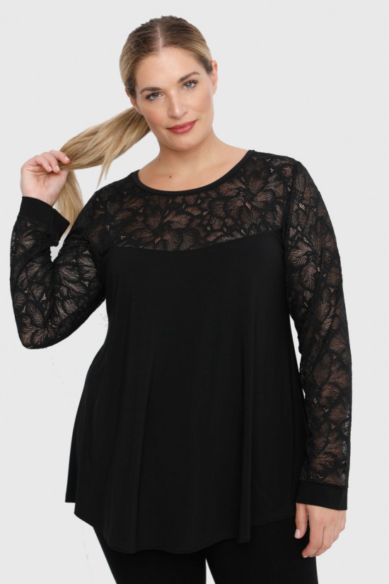 B22-113D Μπλούζα με δαντέλα στο λαιμό και στα μανίκια - Μαύρο