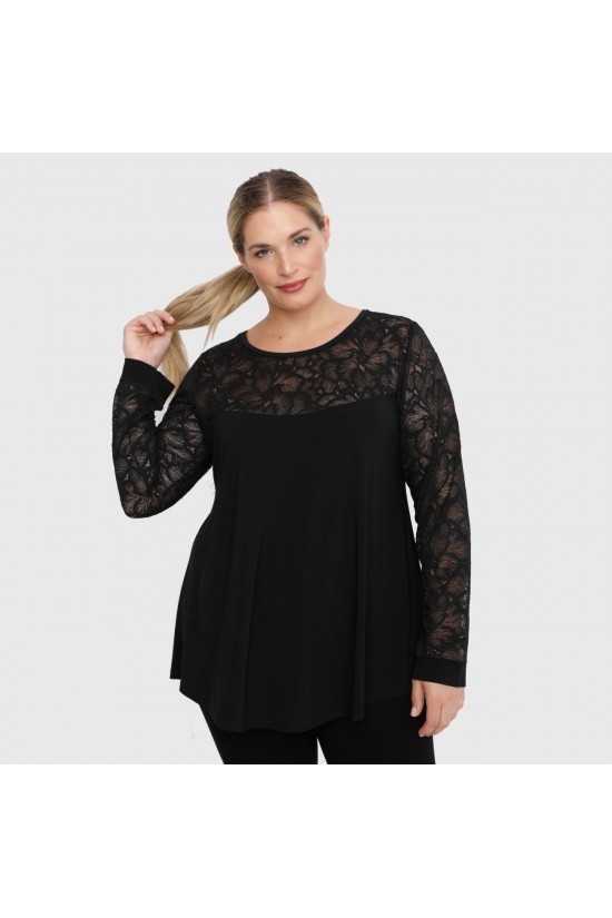 B22-113D Μπλούζα με δαντέλα στο λαιμό και στα μανίκια - Μαύρο B22-113D Μπλούζα με δαντέλα στο λαιμό και στα μανίκια - Μαύρο