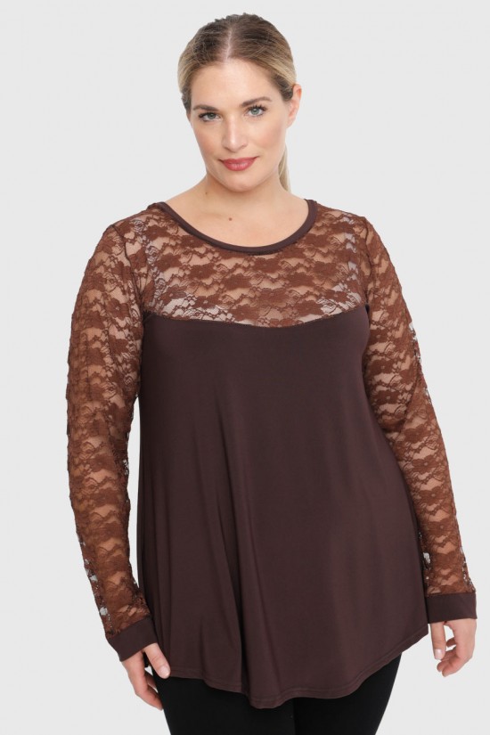 B22-113D Μπλούζα με δαντέλα στο λαιμό και στα μανίκια - Καφέ