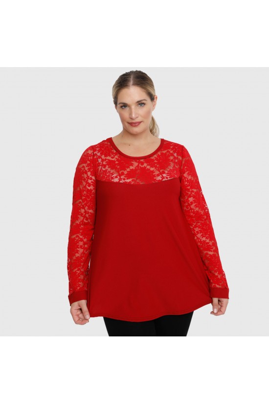 B22-113D Μπλούζα με δαντέλα στο λαιμό και στα μανίκια - Κόκκινο σκούρο