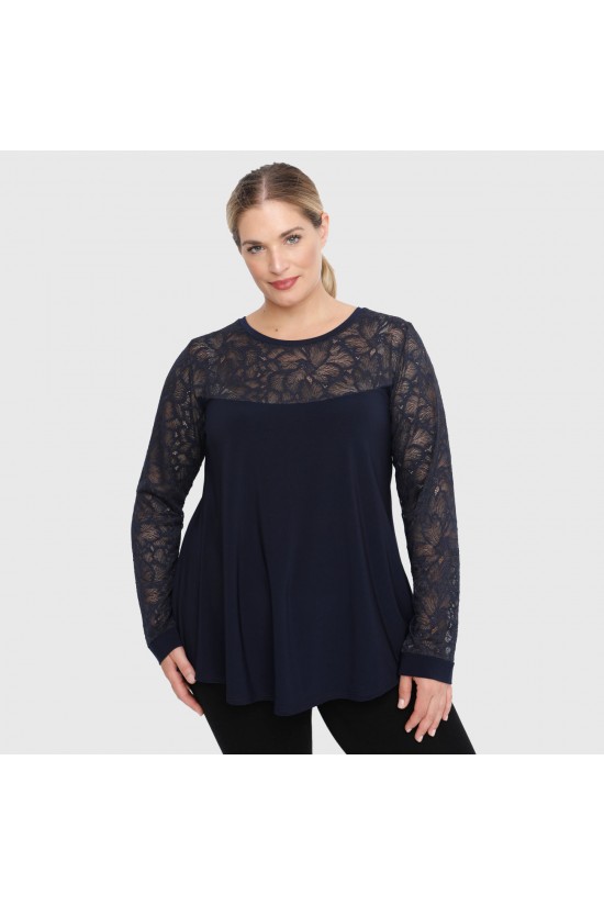 B22-113D Μπλούζα με δαντέλα στο λαιμό και στα μανίκια - Μπλε Μαρέν B22-113D Μπλούζα με δαντέλα στο λαιμό και στα μανίκια - Μπλε Μαρέν