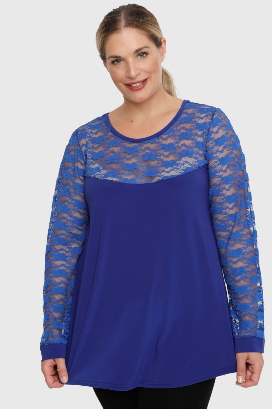 B22-113D Μπλούζα με δαντέλα στο λαιμό και στα μανίκια - Μπλε Ρουά