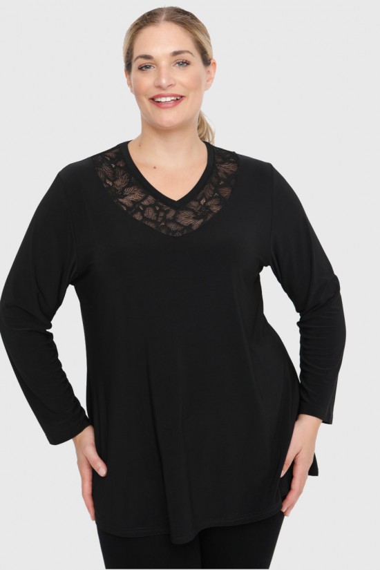 B22-114D Μπλούζα με δαντέλα στο λαιμό - Μαύρο