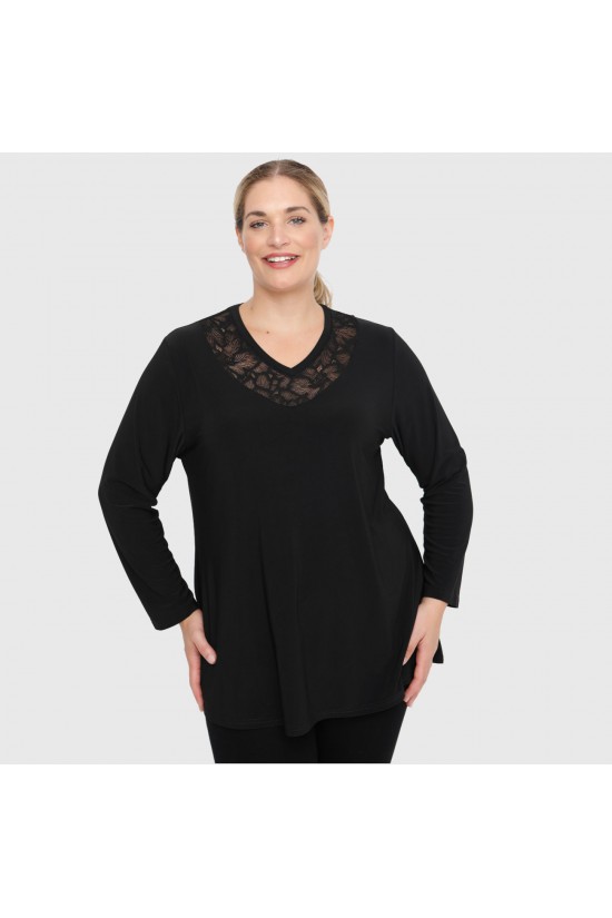 B22-114D Μπλούζα με δαντέλα στο λαιμό - Μαύρο B22-114D Μπλούζα με δαντέλα στο λαιμό - Μαύρο