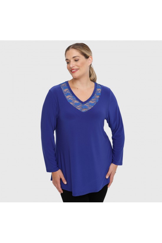 B22-114D Μπλούζα με δαντέλα στο λαιμό - Μπλε Ρουά B22-114D Μπλούζα με δαντέλα στο λαιμό - Μπλε Ρουά