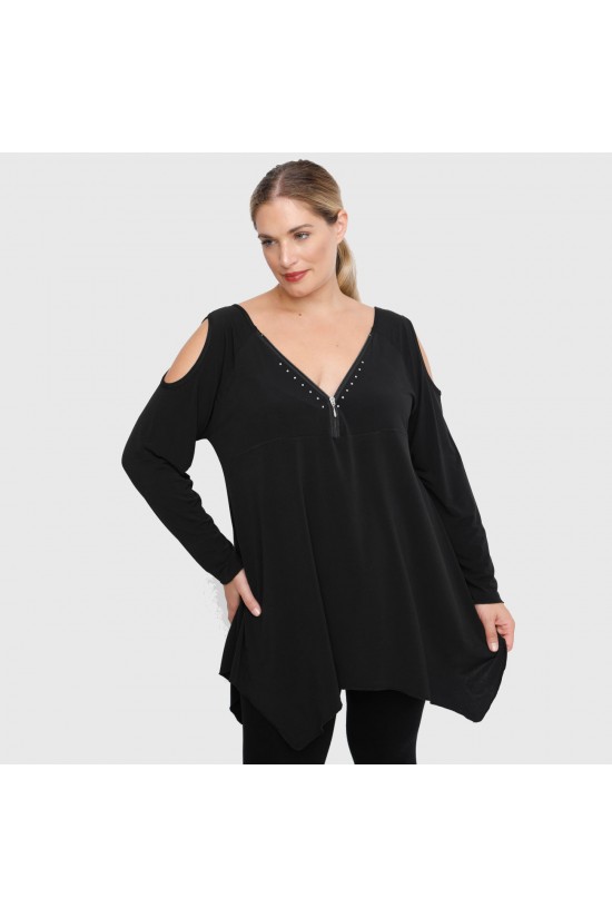B22-123ATF Μπλούζα Άλφα με διακοσμητικό Φερμουάρ, ανοιχτή στους ώμους - Μαύρο B22-123ATF Μπλούζα Άλφα με διακοσμητικό Φερμουάρ, ανοιχτή στους ώμους - Μαύρο