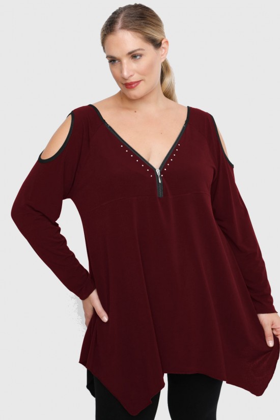 B22-123ATF Μπλούζα Άλφα με διακοσμητικό Φερμουάρ, ανοιχτή στους ώμους - Μπορντώ