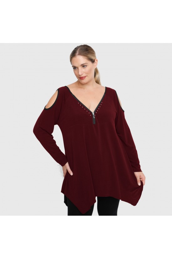 B22-123ATF Μπλούζα Άλφα με διακοσμητικό Φερμουάρ, ανοιχτή στους ώμους - Μπορντώ B22-123ATF Μπλούζα Άλφα με διακοσμητικό Φερμουάρ, ανοιχτή στους ώμους - Μπορντώ