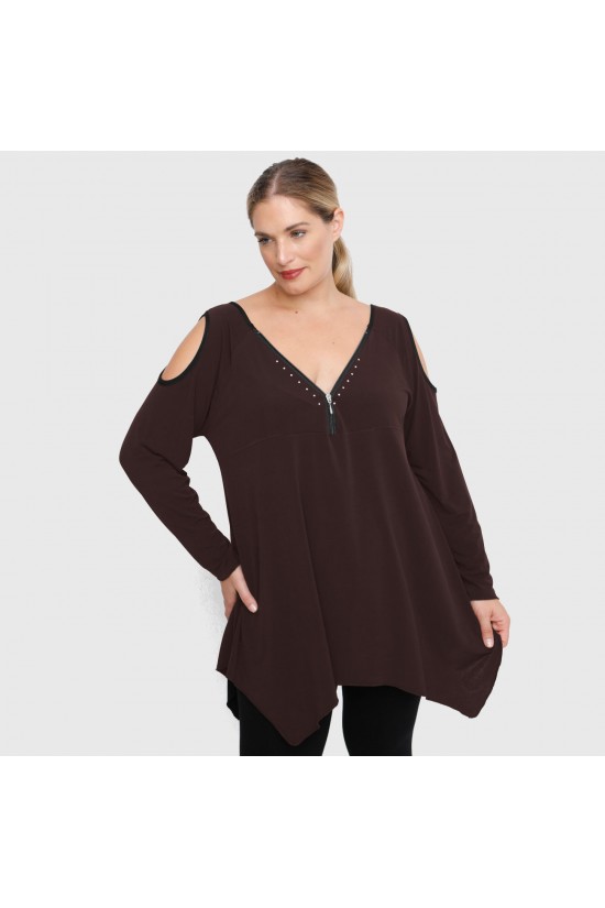 B22-123ATF Μπλούζα Άλφα με διακοσμητικό Φερμουάρ, ανοιχτή στους ώμους - Καφέ