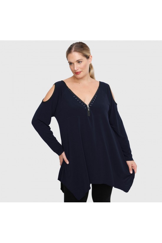 B22-123ATF Μπλούζα Άλφα με διακοσμητικό Φερμουάρ, ανοιχτή στους ώμους - Μπλε Μαρέν