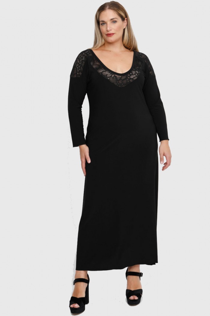 B22-123FD Φόρεμα μακρύ με δαντέλα στον λαιμό και στον ώμο - Μαύρο