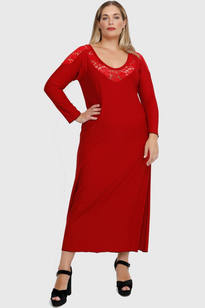 B22-123FD Φόρεμα μακρύ με δαντέλα στον λαιμό και στον ώμο - Κόκκινο σκούρο