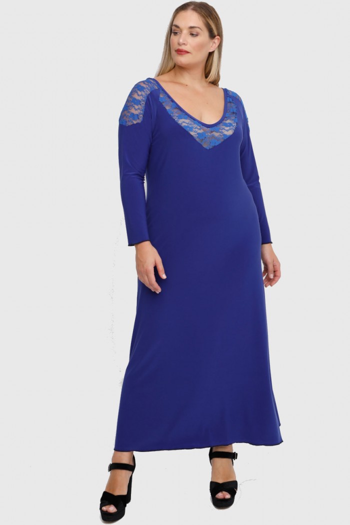 B22-123FD Long dress with lace on neck and shoulder - Royal Blue