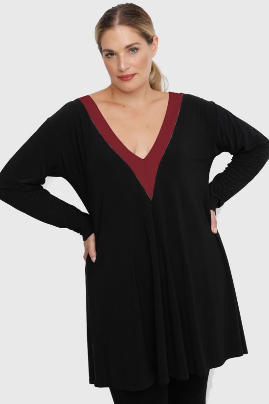 B22-176V Μπλουζοφόρεμα με δίχρωμο τελείωμα στο V - Μπορντώ