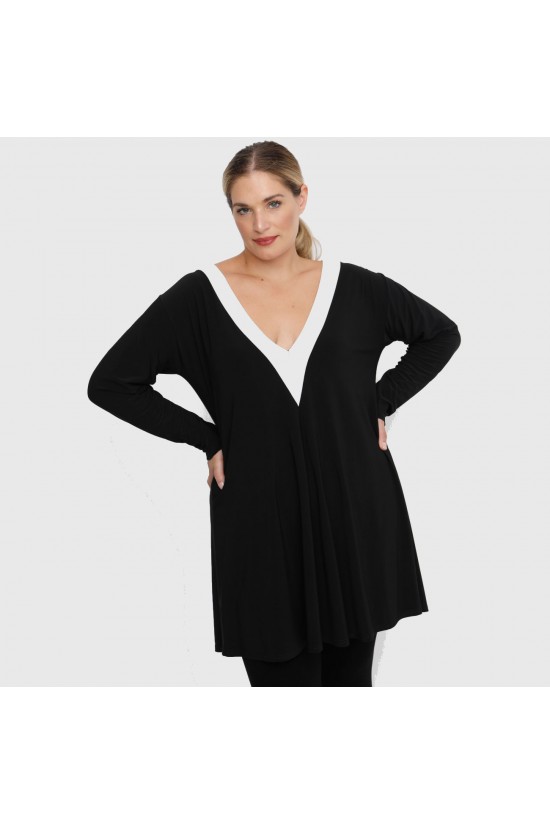 B22-176V Μπλουζοφόρεμα με δίχρωμο τελείωμα στο V - Άσπρο