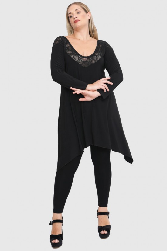 B22-182D Μπλουζοφόρεμα με δαντέλα στο λαιμό και στους ώμους - Μαύρο