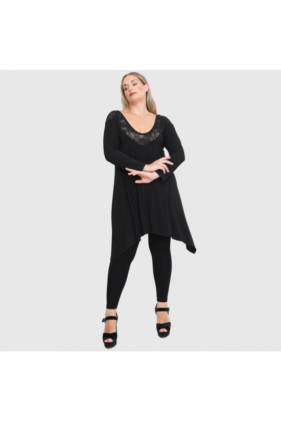 B22-182D Μπλουζοφόρεμα με δαντέλα στο λαιμό και στους ώμους - Μαύρο B22-182D Μπλουζοφόρεμα με δαντέλα στο λαιμό και στους ώμους - Μαύρο