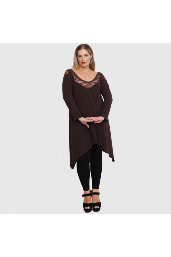 B22-182D Μπλουζοφόρεμα με δαντέλα στο λαιμό και στους ώμους - Καφέ