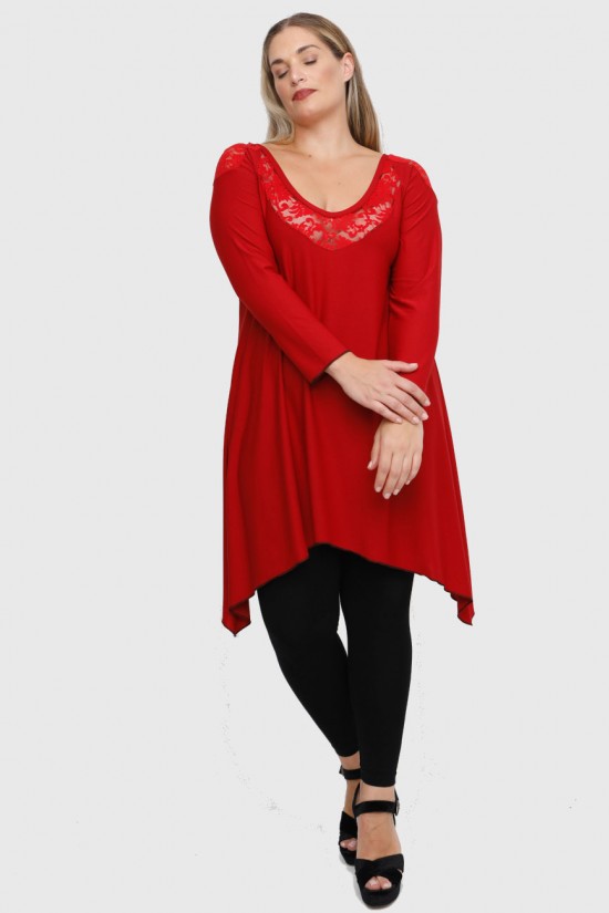 B22-182D Μπλουζοφόρεμα με δαντέλα στο λαιμό και στους ώμους - Κόκκινο σκούρο