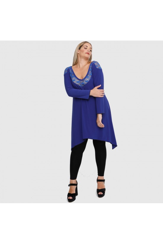 B22-182D Μπλουζοφόρεμα με δαντέλα στο λαιμό και στους ώμους - Μπλε Ρουά B22-182D Μπλουζοφόρεμα με δαντέλα στο λαιμό και στους ώμους - Μπλε Ρουά