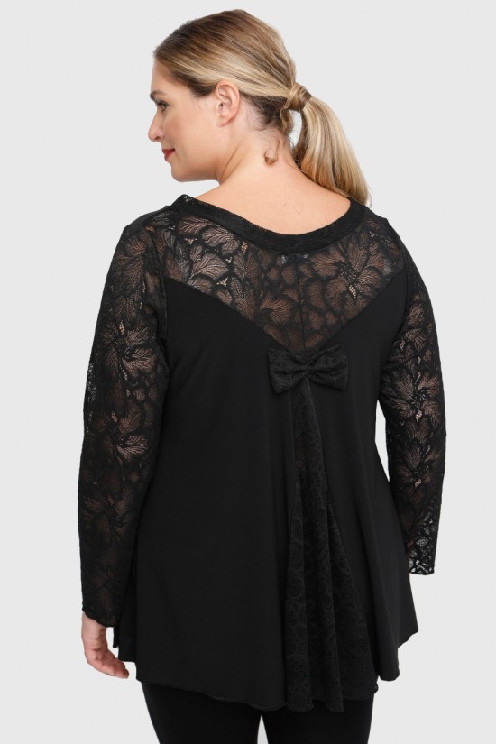 B22-189D Μπλούζα με δαντέλα και φιόγκο στην πλάτη - Μαύρο