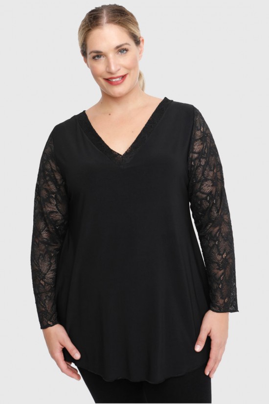 B22-189D Μπλούζα με δαντέλα και φιόγκο στην πλάτη - Μαύρο