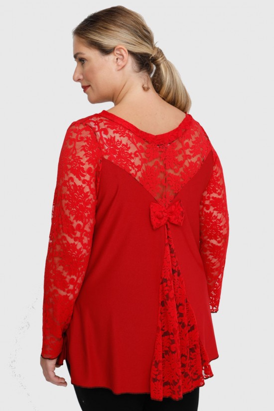 B22-189D Μπλούζα με δαντέλα και φιόγκο στην πλάτη - Κόκκινο σκούρο