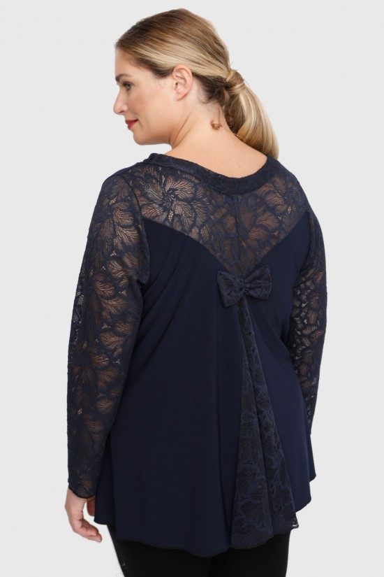 B22-189D Μπλούζα με δαντέλα και φιόγκο στην πλάτη - Μπλε Μαρέν