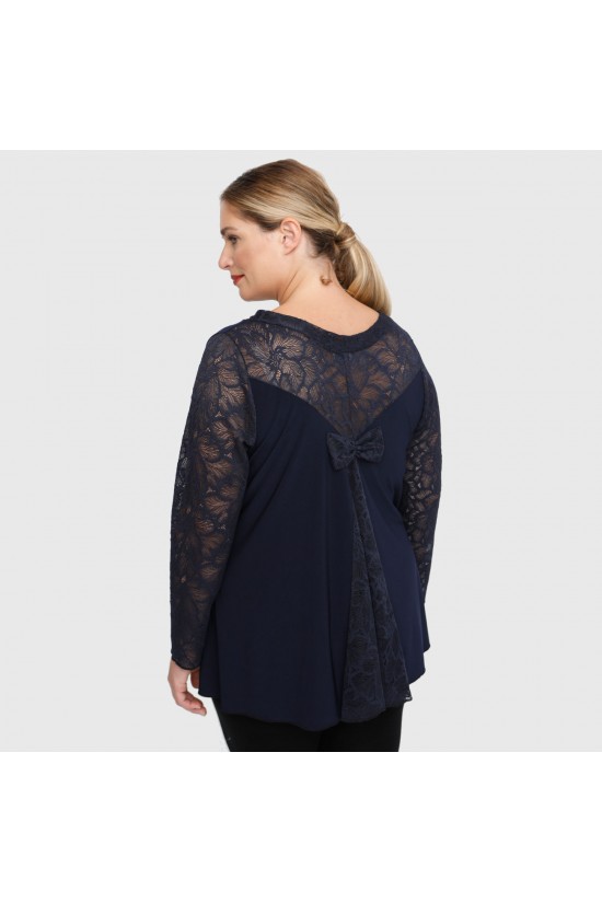 B22-189D Μπλούζα με δαντέλα και φιόγκο στην πλάτη - Μπλε Μαρέν B22-189D Μπλούζα με δαντέλα και φιόγκο στην πλάτη - Μπλε Μαρέν