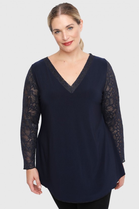 B22-189D Μπλούζα με δαντέλα και φιόγκο στην πλάτη - Μπλε Μαρέν