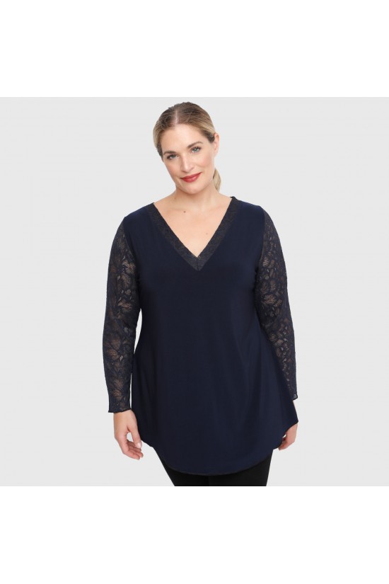 B22-189D Μπλούζα με δαντέλα και φιόγκο στην πλάτη - Μπλε Μαρέν B22-189D Μπλούζα με δαντέλα και φιόγκο στην πλάτη - Μπλε Μαρέν