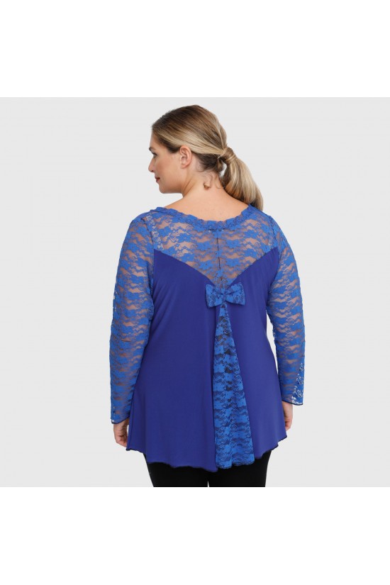 B22-189D Μπλούζα με δαντέλα και φιόγκο στην πλάτη - Μπλε Ρουά