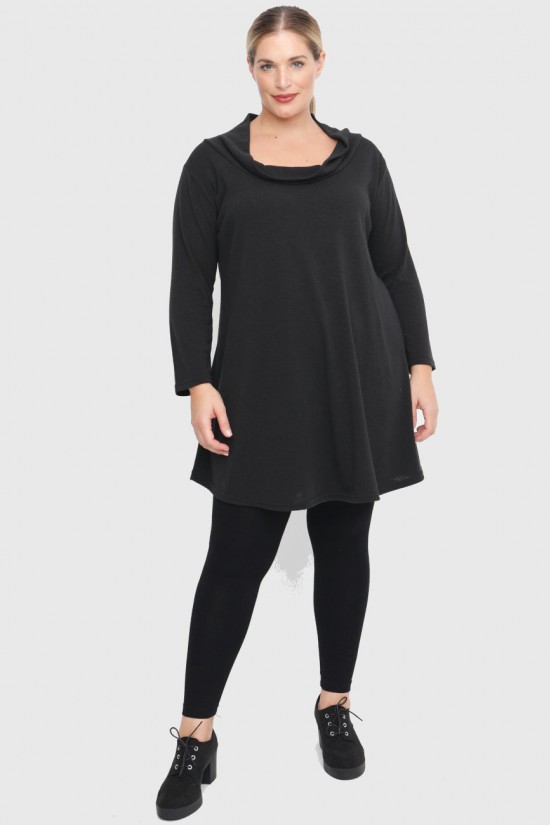 B22-375 Μακριά Πλεκτή Μπλούζα με ξεχειλωμένο γιακά - Μαύρο