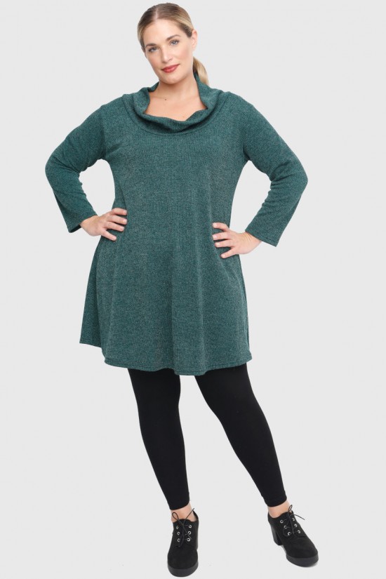 B22-375 Μακριά Πλεκτή Μπλούζα με ξεχειλωμένο γιακά - Πράσινο