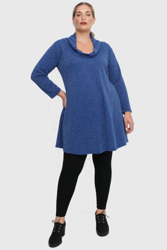 B22-375 Μακριά Πλεκτή Μπλούζα με ξεχειλωμένο γιακά - Μπλε Ρουά