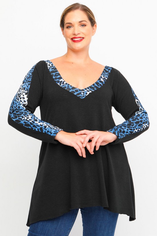 B23-9749 Πλεκτή Μπλούζα εμπριμέ - Μπλε