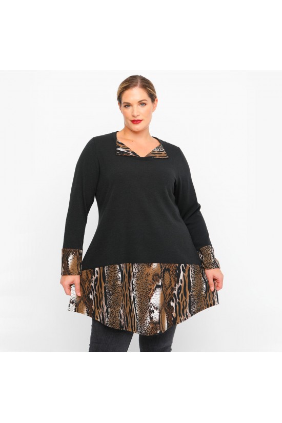 B23-9820 Πλεκτό Εμπριμέ Μπλουζοφόρεμα - Καφέ