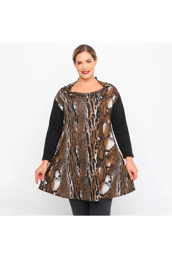 B23-9875 Εμπριμέ Μπλουζοφόρεμα - Καφέ